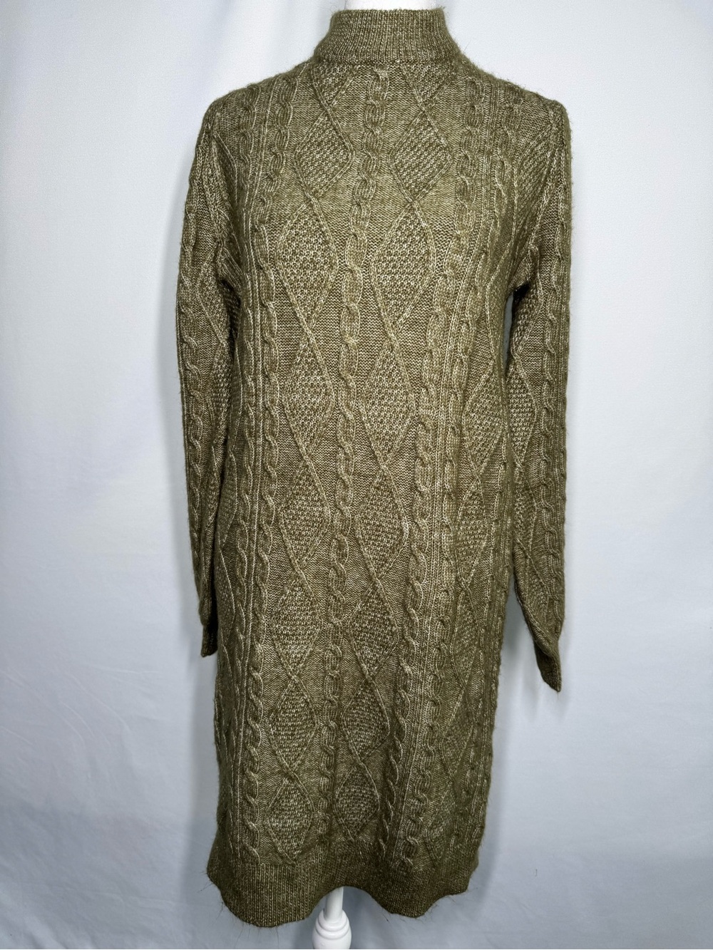 Ophelia Roe Olive Green Cable Knit Mock Neck Sweater Dress - S
